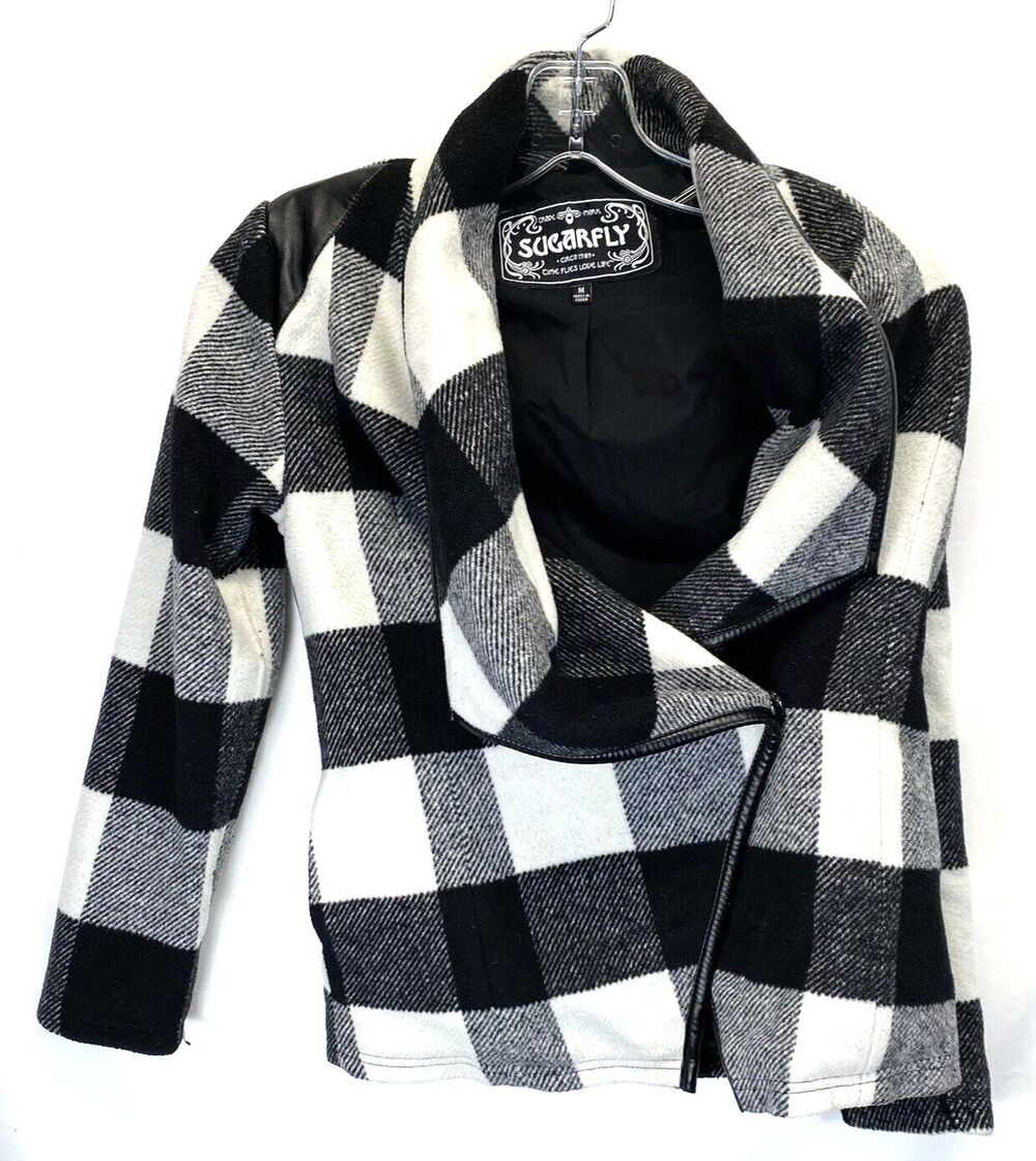 Sugarfly Women's Jacket Size Medium Black and White Plaid Snap Close RN88493